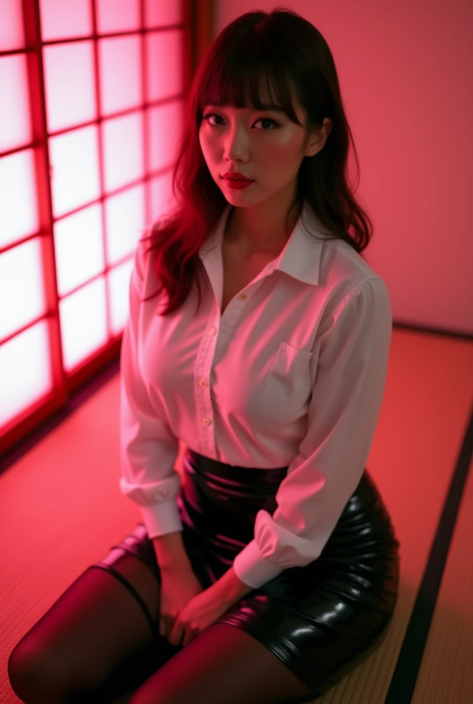 ((Japanese sexy idol)) Mature Woman ((Plump, bright red lips with lipstick)) Big Breasts Chubby round face Plump figure ((Brown hair with bangs)) ((Looking into the camera)) Sit with your legs apart ((White button-up shirt with black patent leather tight skirt and black stockings)) 布団の上にSit with your legs apart look down ((A bedroom with shoji and tatami mats lit up in pink neon lights))
