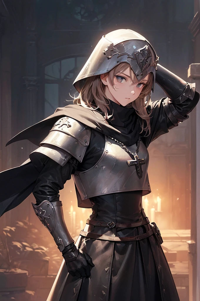 (((masterpiece; best quality: 1.2))), ((1 templar)), ((solo)), (no face: 1.4), (body shape; toned, lean, masculine: 1.3), (beautiful and clear background: 1.2), ((depth of field)), (equipment: templar garb + surcoat with cross + chainmail shirt + closed helmet + leather gloves + black cloak : 1.3), (anime illustration: 1.2), (background composition; palace garden + plants: 1.1), (shot composition; standing + centered on head + bust close-up: 1.5)