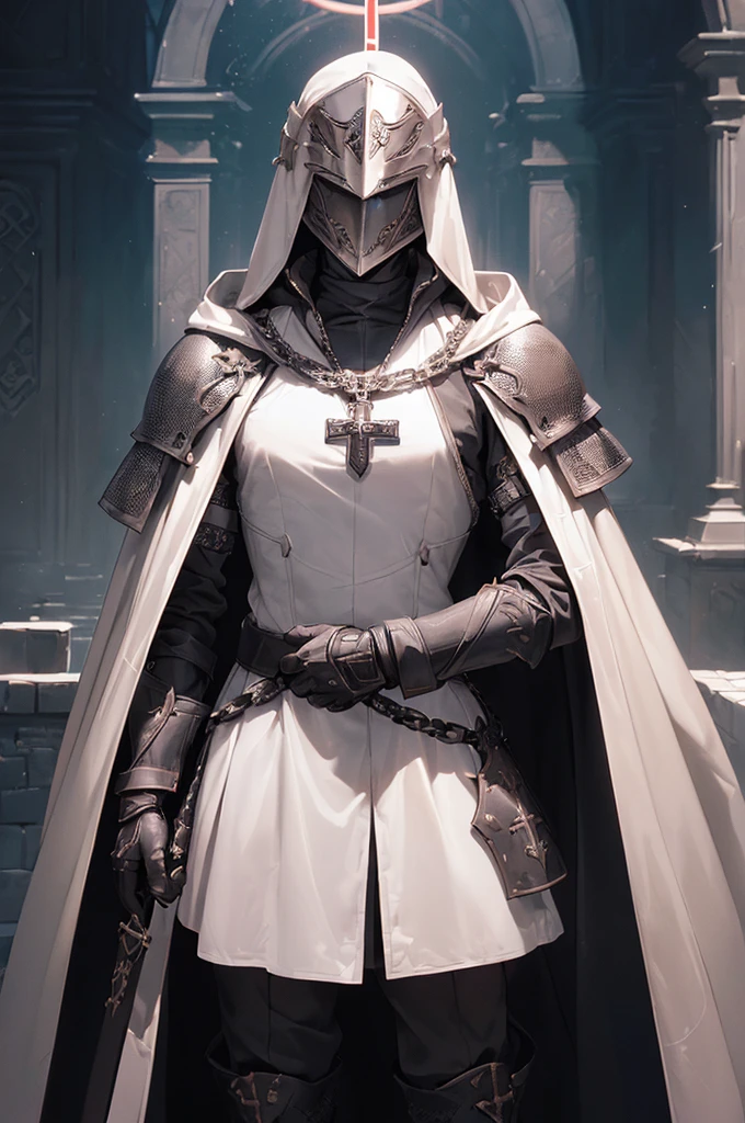 (((masterpiece; best quality: 1.2))), ((1 templar)), ((solo)), (no face: 1.4), (body shape; toned, lean, masculine: 1.3), (beautiful and clear background: 1.2), ((depth of field)), (equipment: templar garb + surcoat with cross + chainmail shirt + closed helmet + leather gloves + black cloak : 1.3), (anime illustration: 1.2), (background composition; palace garden + plants: 1.1), (shot composition; standing + centered on head + bust close-up: 1.5)