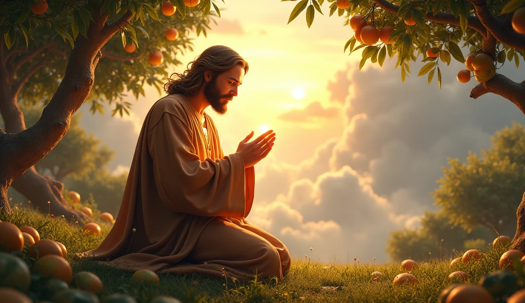 (photoréaliSme:1.2), beau JéSuS ChriSt, pray, S'agenouiller SouS leS arbreS pleinS de nuageS et entouréS de nombreux fruitS, portant deS vêtementS de roi marron avec de la lumière danS Sa tête et Son cœur Se répandant partout, parfait cinq doigtS, JéSuS ChriSt beaux cheveux, En plein air, soft lighting, nuageS en arrière-plan, belle lumière du Soleil, paradiS parfait et nuageS, poSe détendue, RéaliSte, détailS complexeS, CouleurS chaudeS,