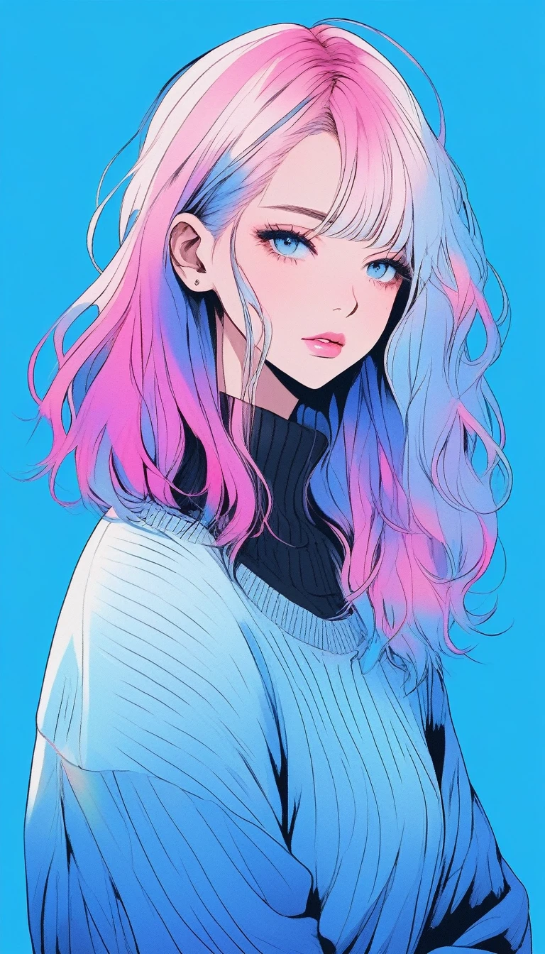 Illustrator, anime , Realistic ,sketch , 1 person, ,lip, sweater,order, Blue gradient background, Neon Medium Hair,Texture Trim, Canadian, (masterpiece,Highest quality) Cancer