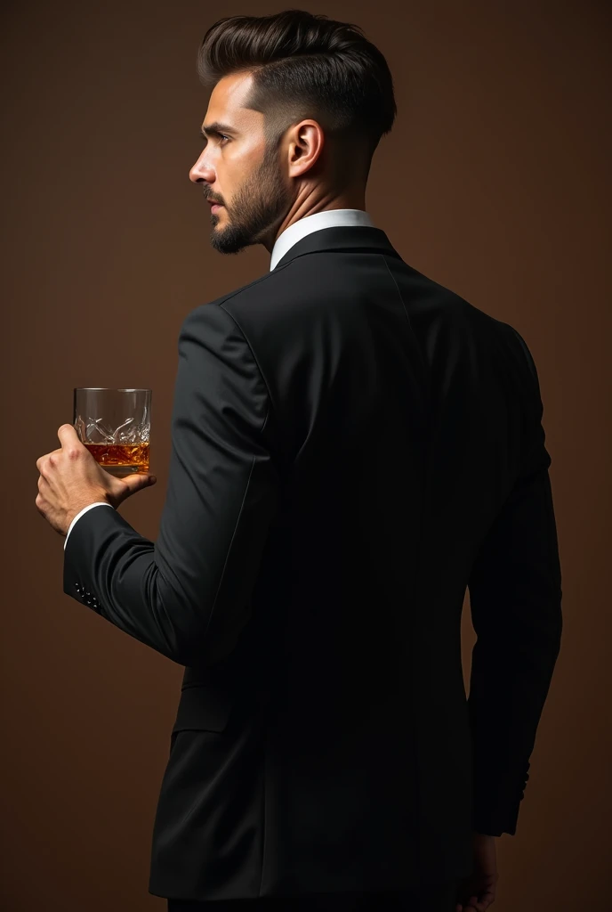 Man in a suit with his back turned and a glass of whiskey in his hand 