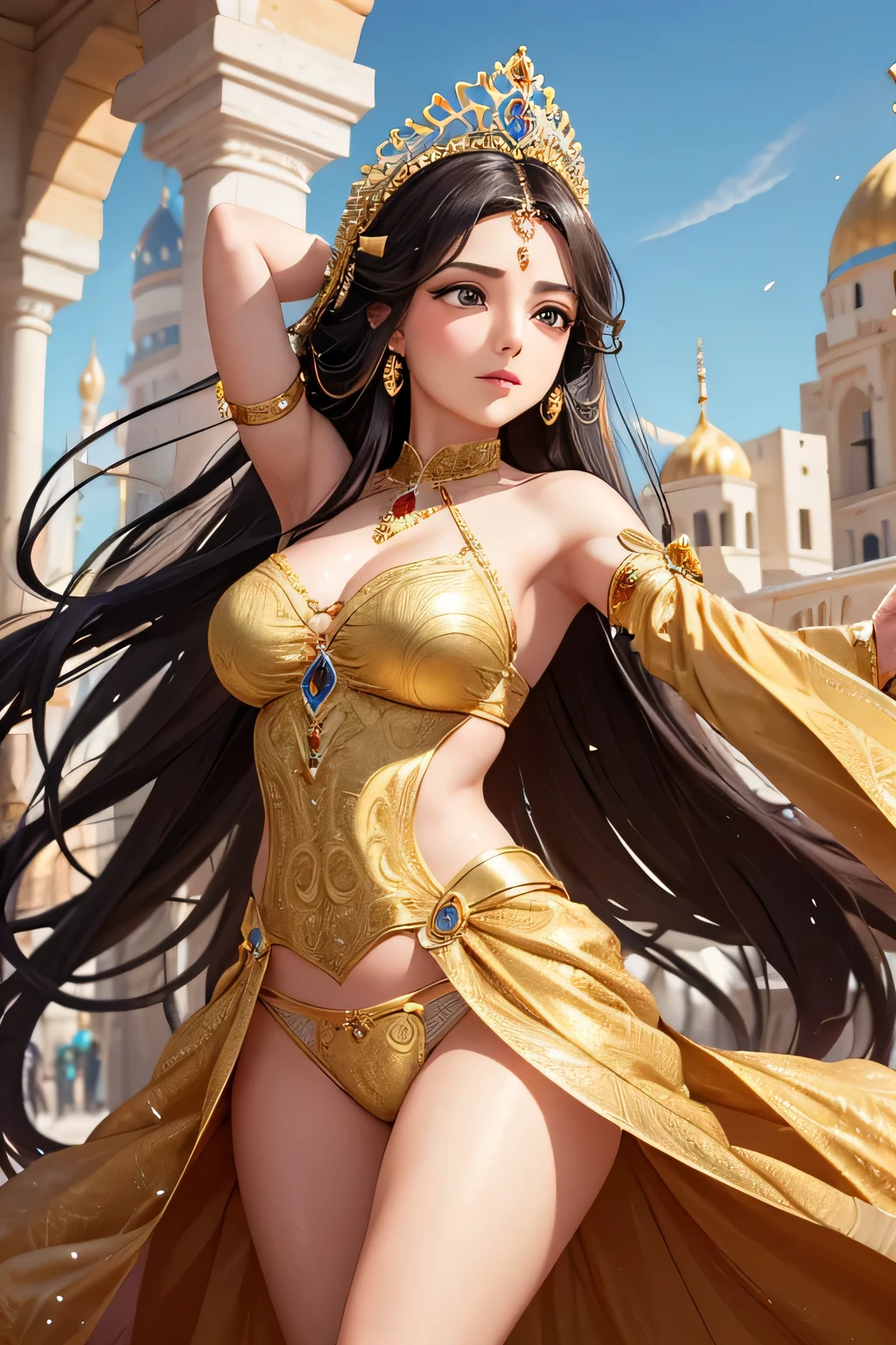 "A stunning Middle Eastern princess with dark brown, medium-length curly hair dances gracefully on a grand stage in the heart of Sheherazade Kingdom's capital city. The stage is set in a magnificent courtyard, surrounded by intricately designed arches and lush palm trees. The bright midday sun casts a warm glow over the scene, highlighting the princess's flowing silk costume adorned with gold embroidery and precious gems. Her movements are fluid and mesmerizing, as she performs a traditional dance that tells the stories of her ancestors. The crowd watches in awe, their colorful attire reflecting the vibrant culture of the kingdom. The entire scene is bathed in the golden hues of the sun, with the royal palace in the background, creating a breathtaking spectacle of elegance and tradition.",Upper body only,(((Panty shot)))