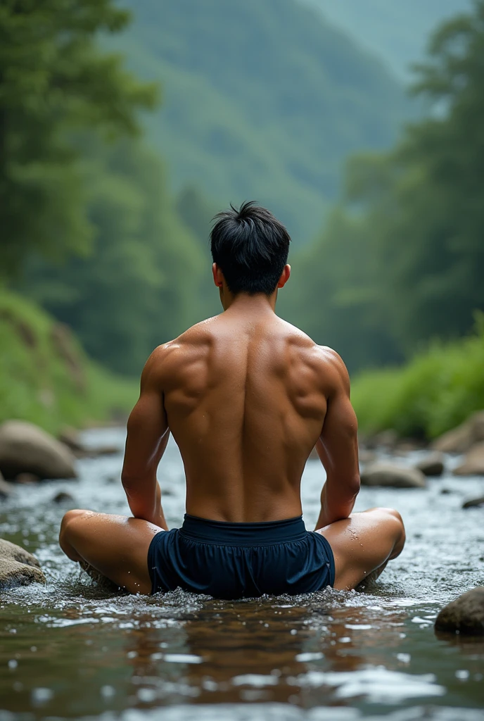 A 20-year-old Japanese muscular rugby player in wet  briefs sits with his legs spread wide open by a mountain stream。muscular thick 　very short hair　 Topless
