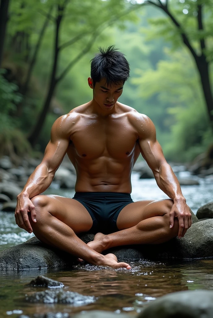 A 20-year-old Japanese muscular rugby player in wet  briefs sits with his legs spread wide open by a mountain stream。muscular thick 　very short hair　 
