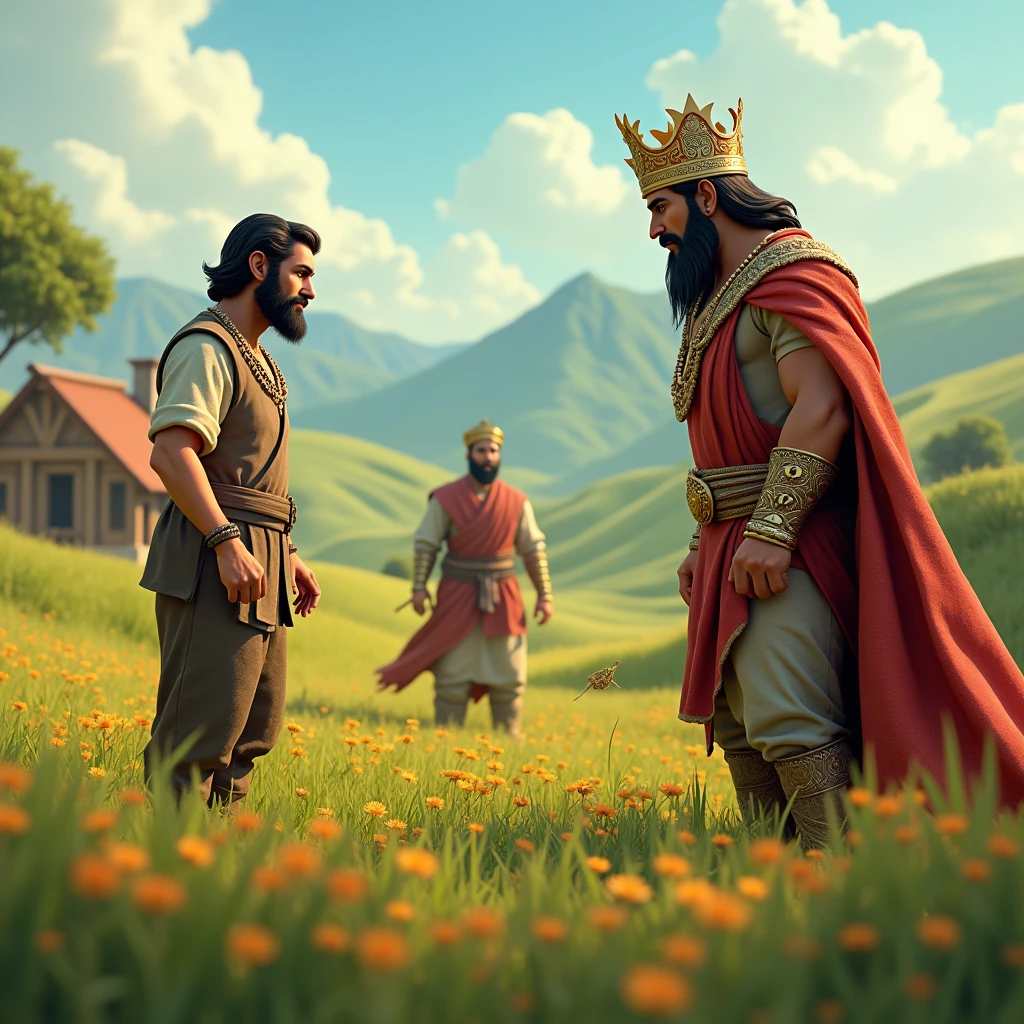 in 3d Animation style "**Scene of the land dispute**: The poor farmer and wealthy man arguing in front of King Balveer."