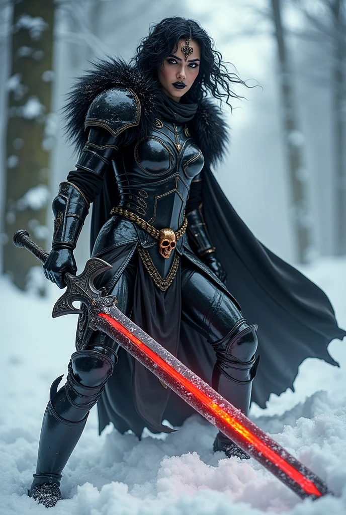 ((upper torso, armored female barbarian savage, battle worn black chrome gloss armor, fur, black cloak, ((((supermodel, triangularface, pointed chin)), short curly [glossblack hair:dark hair:0.7], black lips))), black eyes, blackout eyeshadow, iron tiara), braids, massive glowing red skull engraved sword, windy, outdoor frozen snow snowy forest, dynamic battle pose, lunging, side view
