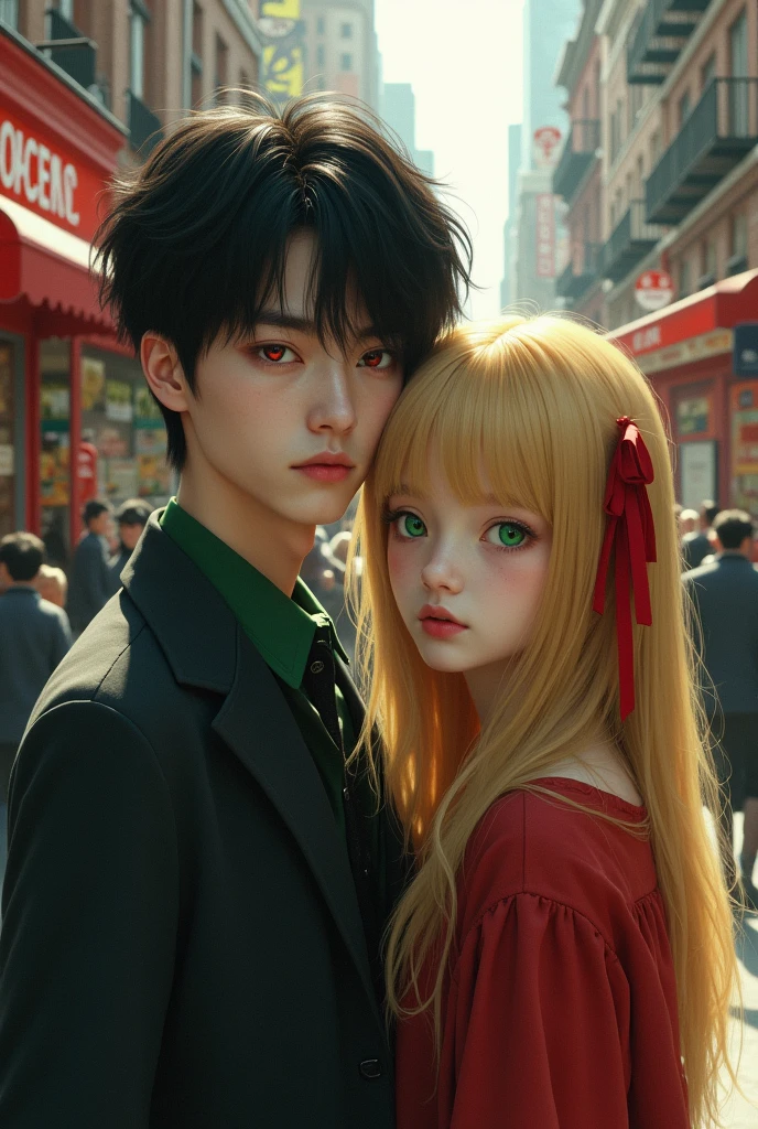 Handsome boy with red eyes, black hair, Next to her a beautiful girl with golden hair and emerald eyes and bangs a red ribbon, In the background there is a street with a lot of people and there is only one store with red bricks and that sells groceries and the name of the store is food that has horror and mystery in the image
