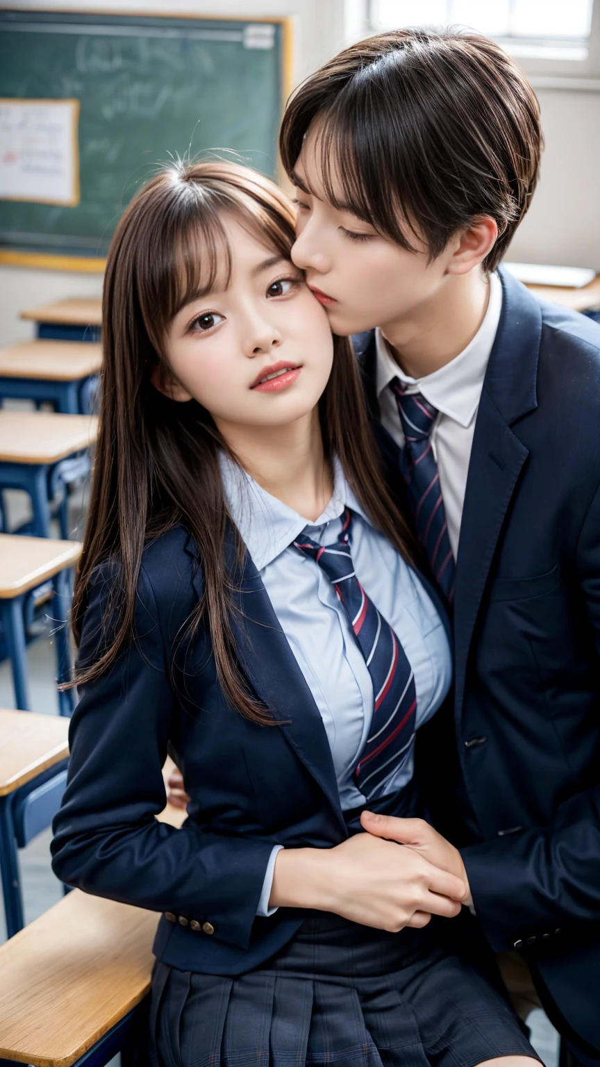 top-quality、hight resolution、ultra-detailliert、​masterpiece、Raw photography、realisitic、Photorealsitic:1.5、extremely delicate and beautiful、finely detail、 Beautiful woman in high school uniform、(Kissing a beautiful man in a suit)、(In an empty classroom)、A detailed face, plump breasts