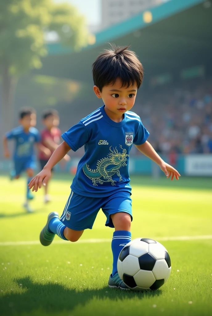 6 year old boy short hair dark skin color playing soccer football blue dragon uniform