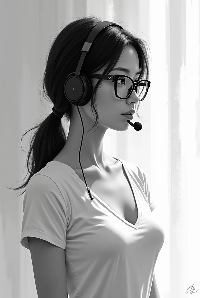 a girl wearing headphone with mic and glasses, looking to the right, draw in black and white, asian,v shape neck t shirt