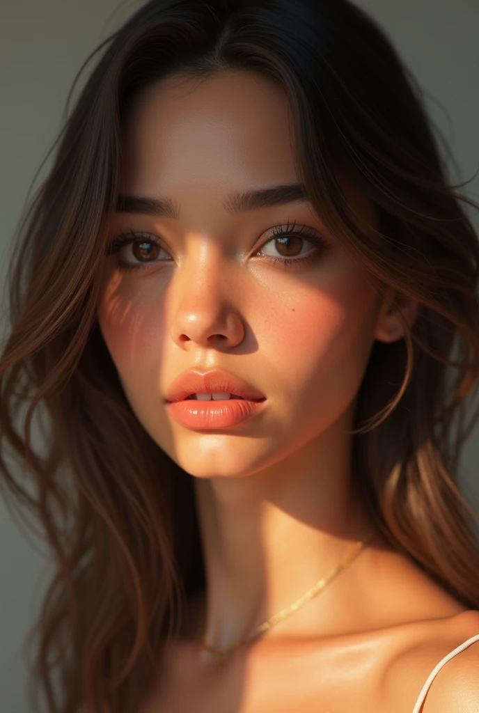 With big almond-shaped eyes, approximately 18 years old and light brown skin, latina