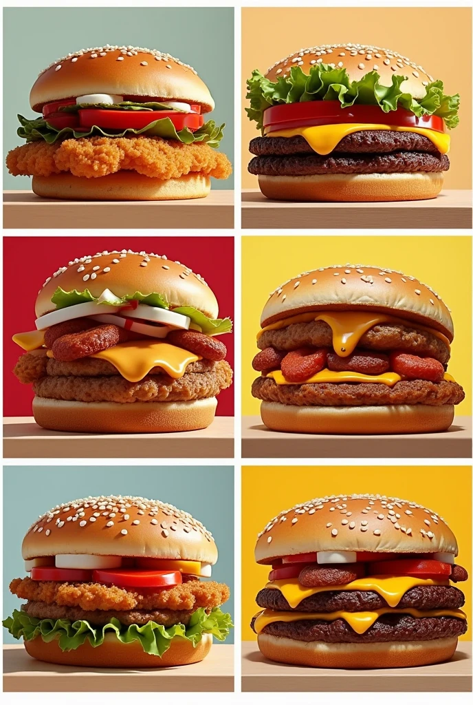 Collage de 8 hamburguesas de burger King, que incluya el King de pollo, la Whopper, Whopper Jr, Whopper Doble, Crispy Chicken, Bacon King, Mega Stacker, Big King