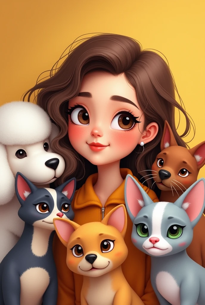 First put a 23 year old girl with brown wavy hair combed to one side, slightly broad forehead and large brown eyes, Medium mouth with the lower lip slightly larger than the upper lip, chubby with slightly pink cheeks and short neck, with a wide texture, a small mole on the left cheek; Second, put a white but flat poodle with ears that go from white to very light brown.; Third, put a light gray cat with white that goes from the eyes like a line and expands throughout the snout., with a pink nose and not so clear green eyes; Fourth, put a small, short-haired, white Chihuahua breed dog with only 1 eye with a brown circle around the eye