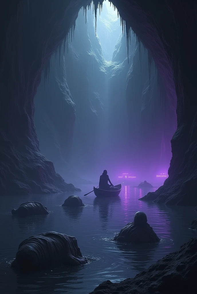 A lake inside a dark cave with purple lights and a boatman passing between corpses
