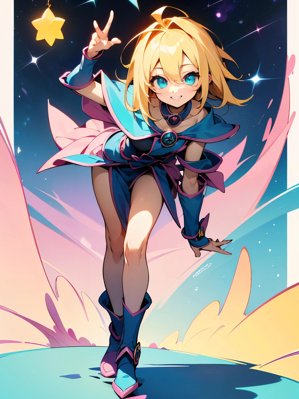 faceing viewer,(leaning forward),独奏,16years old,Dark Magician Girl,Black Magician Girl,cute smile,Blonde Hair Color、slim,(I am the star)、Model Pose,Pastel color cute world、(pastel color, white ,pink,Blue,yellow),Correct ???????、good hand,animation,illustration,Best image quality,masterpiece