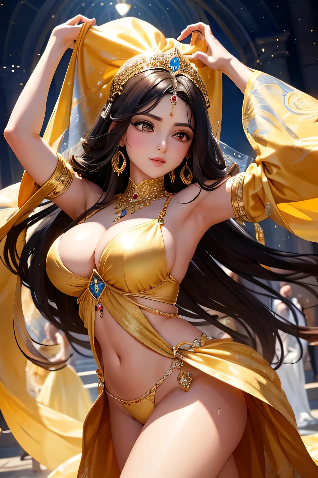 "A stunning Middle Eastern princess with dark brown, medium-length curly hair dances gracefully on a grand stage in the heart of Sheherazade Kingdom's capital city. The stage is set in a magnificent courtyard, surrounded by intricately designed arches and lush palm trees. The bright midday sun casts a warm glow over the scene, highlighting the princess's flowing silk costume adorned with gold embroidery and precious gems. Her movements are fluid and mesmerizing, as she performs a traditional dance that tells the stories of her ancestors. The crowd watches in awe, their colorful attire reflecting the vibrant culture of the kingdom. The entire scene is bathed in the golden hues of the sun, with the royal palace in the background, creating a breathtaking spectacle of elegance and tradition.",Upper body only,(((Panty shot)))