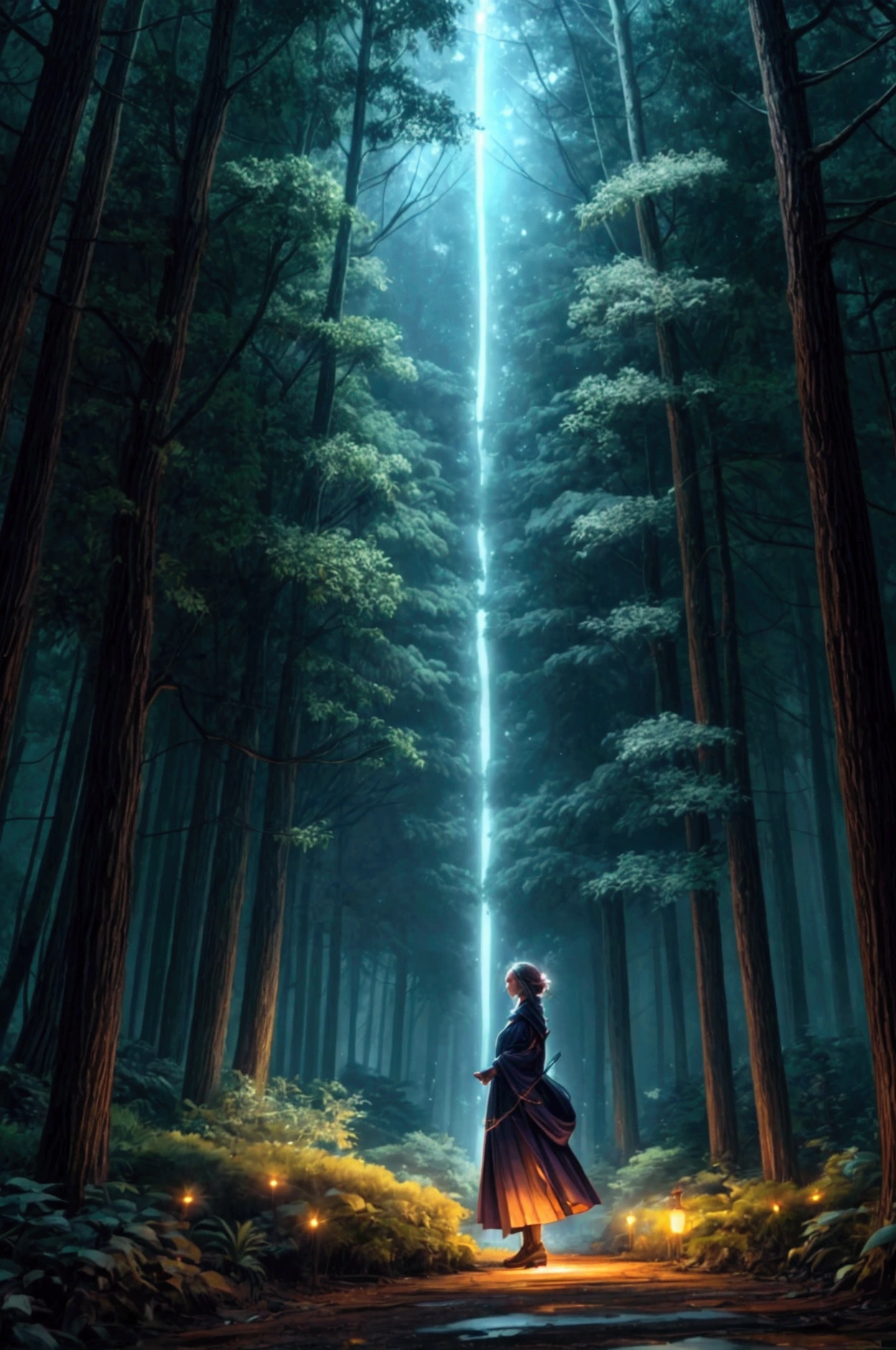 woman looking sideways, In the background a magical forest at night
