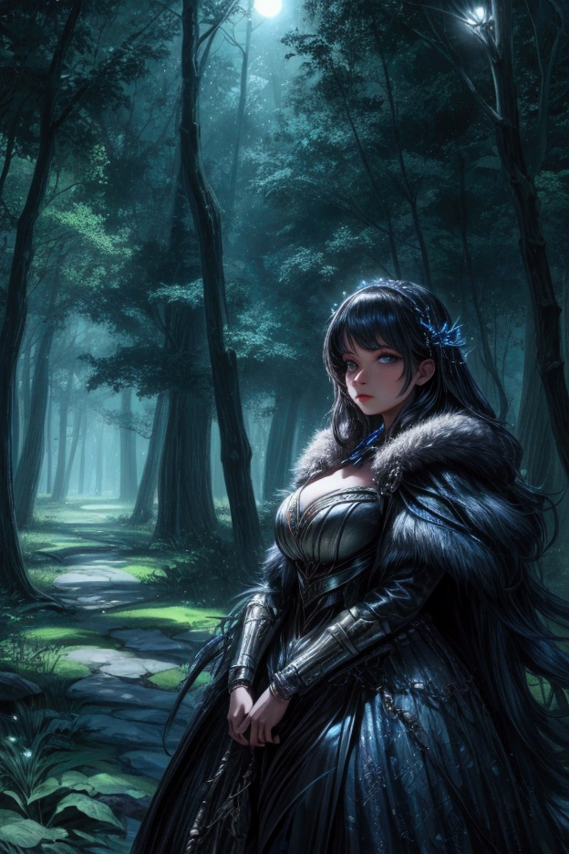 woman looking sideways, In the background a magical forest at night