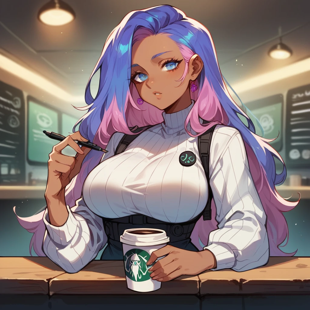 futuristic girl, dark skin, ice blue colored eyes, space, purple hair, blue hair, pink hair, long hair, dark skin, futuristic coffee shop big breast