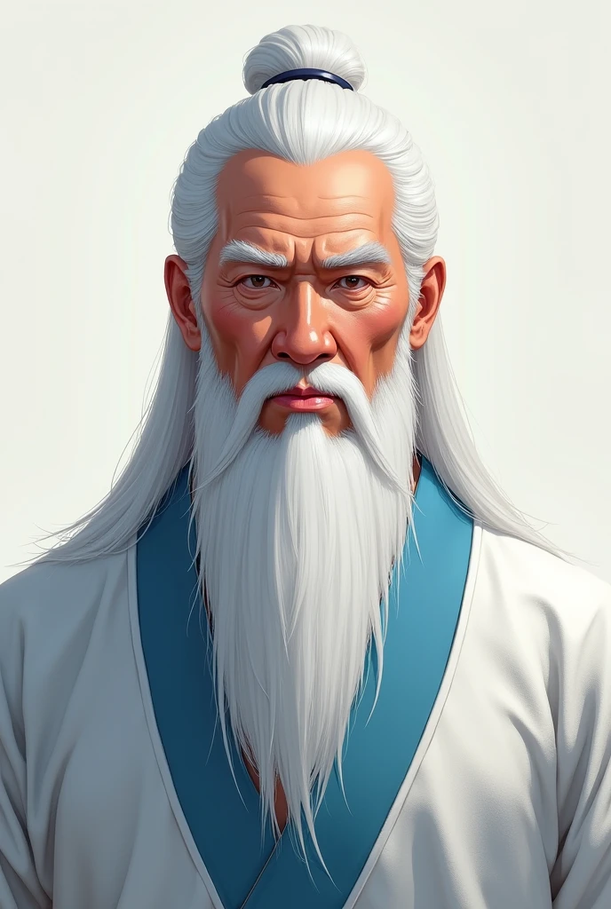 Older man with Asian features, His beard is long and white, Her hair is straight, white and long., his expression is serious, Their clothes are traditional Chinese in shades of light blue and white., digital illustration of video game characters