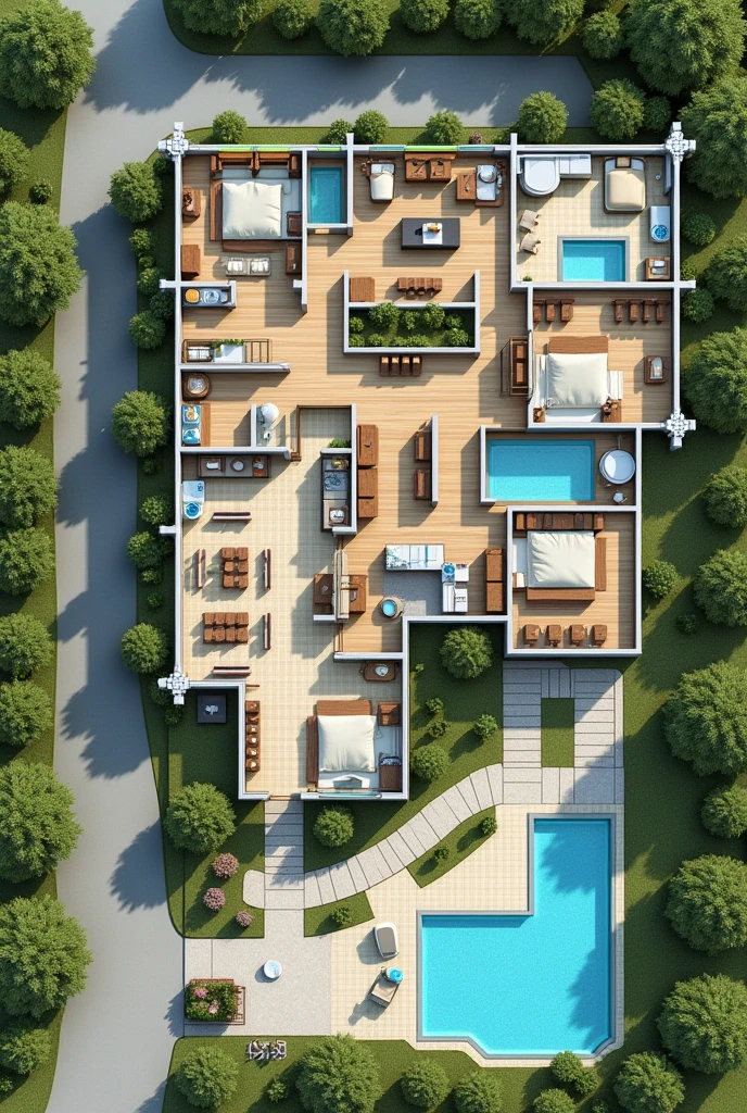 2D hotel floor plan showing the reception area first, a restaurant, The recreation space, the rooms, A SPA area, An area for people with disabilities, 3 swimming pools, Connection with green areas, That can be like an open space, The L-shaped parking lot One part in front and the rest alongside, 2 swimming pools in the green area outside the hotel
