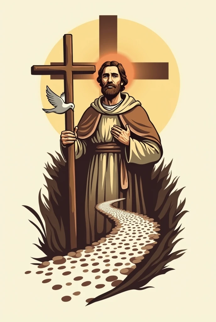 A logo with the following characteristics: A brown Franciscan cross from which a path made of dots emerges An image of St. Francis of isi with the 3-knot symbol and an animated dove in his hand A legend: With Saint Francis of Ass let us walk together on the path of faith