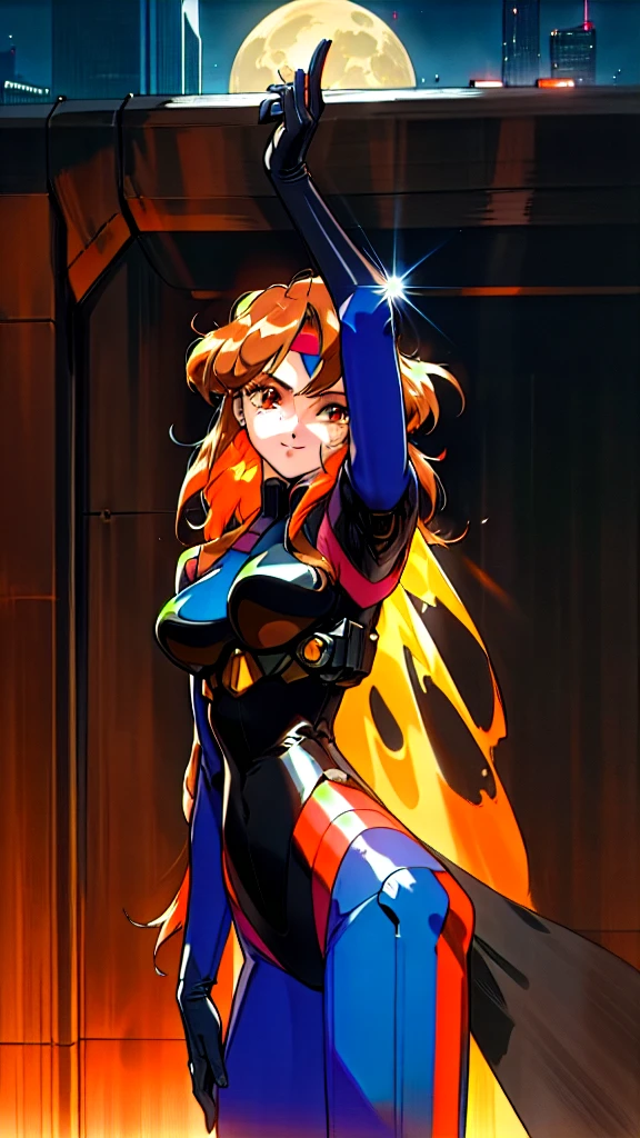 Kenichi Sonoda, retro art-style, 90s Japanese Anime Style, "bubblegum crisis", Sci-fi, Cyberpunk, Neon, Dystopia, (Amid the neon-soaked skyline of towering skyscrapers in mega Tokyo, 20-year-old anime beauty Pris stands alone on a gleaming skyscraper spire, bathed in the dazzling glow of the full moon. Her striking features are accentuated by a dark blue metal hard suit adorned with vibrant orange lines inspired by Syd Mead's industrial machine designs. Her brown medium-length hair frames her piercing gaze while she flashes a confident smile at the viewer. With fearless determination etched on her face, Pris is imposing and her entire presence exudes an aura of cool, stylish elegance. The smooth curves of her shadow, backlit by the moon, create a captivating silhouette, showcasing her unparalleled charm. She is holding her removed full-face hard helmet carefully under her arm. A beauty under the watchful eye of the city's towering skyscrapers.), 1girl, solo, The main character, "Priss", 20yo, anime beauty, Cool beauty, Unparalleled beauty, Brown medium length hair, forehead, red eyes, Cold and sharp eyes, harsh brushstrokes, dramatic lighting, A dark blue metal hard suit with orange lines has a sophisticated design, fearless look, an expression of ridicule, smile, Standing alone in the backlight, she looks cool and stylish, Standing, looking at viewer, close-up photography of upper body, bust shot, Depth of field, character focus, (masterpiece, anime cg, official art, work of art, Award-winning work, extreme quality, ultra high definition, all intricate, overall detailed, finely detailed, super detailed, very aesthetic, boast pompously, focus on entire screen, asymmetrical, raytraced, caustics, textile shading, incredibly absurd resolution, absolutely resolution, ultra high resolution, professional, vivid colors, 16k, perfect ???????, ideal facial features, Beautifully detailed face, Beautifully detailed eyes, ideally proportioned figure, perfectly beautiful body),

