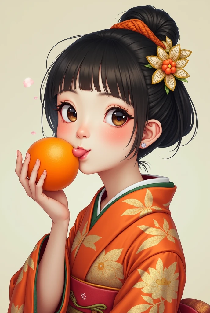 Japanese woman eating a tangerine with her tongue out Oblique angle Slight cross-eyed
