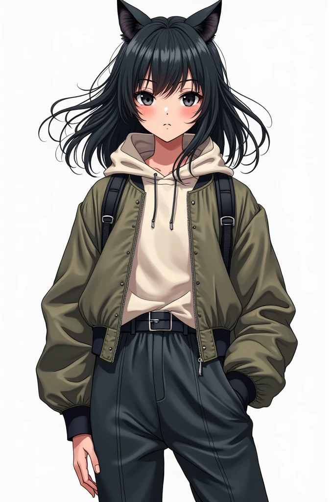 A girl, wolfcut black short hair style, face, manga drawing, rosy skin, black eye, full body, wear hoodie and bomber jacket and trouser, marked and perfect drawing, standing pose,
