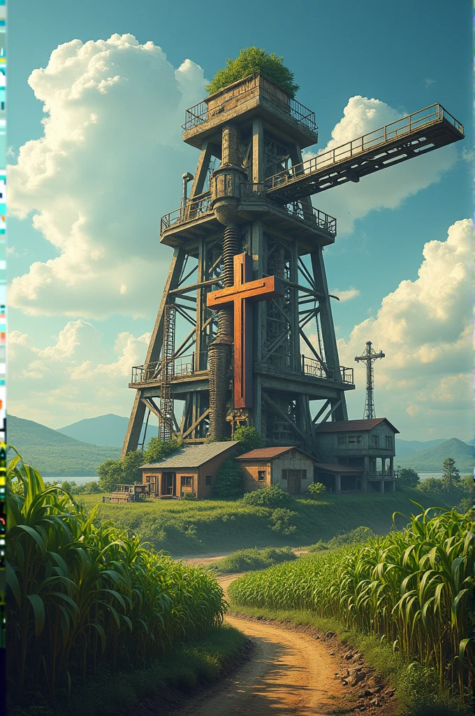 It merges a sugar cane mill with a cross and a buy and sell symbol.