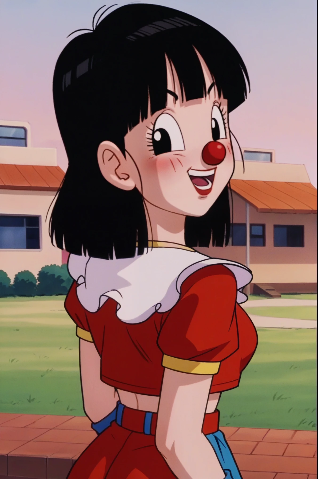 source_anime, score_9, score_8_up, score_7_up, anime screencap,
pangt, 1girl, 1 boy, happy, bangs, closed mouth, melancholic, lost look, blushing, clown, clown nose, upper body, clownpiece, red_afro, face paint, circus, black hair, field, brick town, sunset, Watching the sunset, looking into space, collarbone, whole body, teeth, blunt bangs, outdoors, black eyes, eyelashes, upper teeth only, close-up, retro artstyle, , 1990s \(style\), sitting, clown costume, medium ass, medium breasts, tits, ass