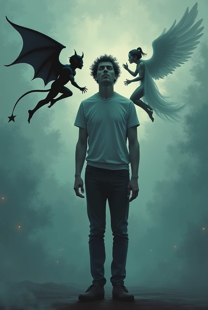 a person with a little devil on one side and a little angel on the other side, deciding what decision to make, He looks confused. Image in blue and gray tones