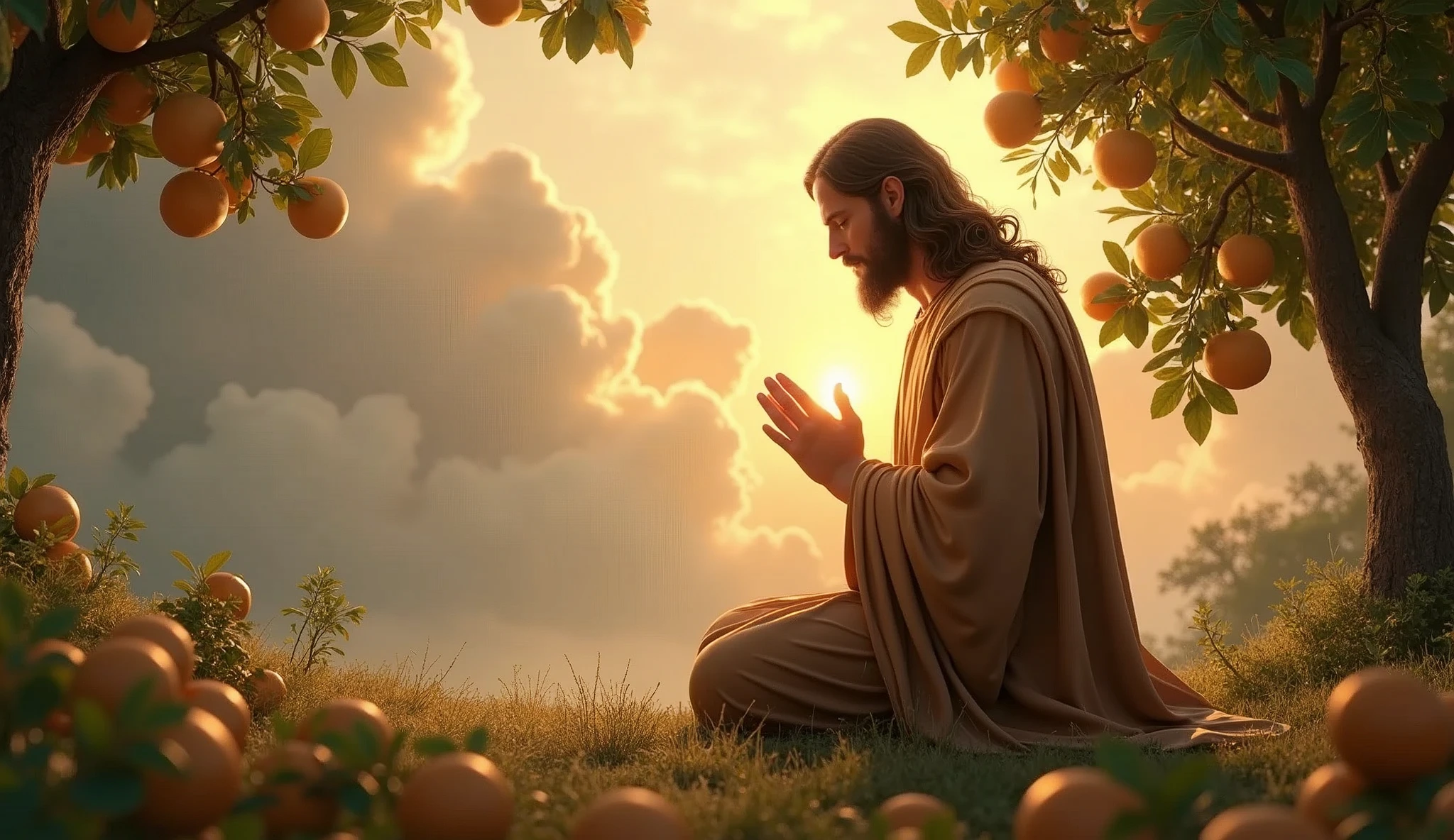(photoréaliSme:1.2), beau JéSuS ChriSt, pray, S'agenouiller SouS leS arbreS pleinS de nuageS et entouréS de nombreux fruitS, portant deS vêtementS de roi marron avec de la lumière danS Sa tête et Son cœur Se répandant partout, parfait cinq doigtS, JéSuS ChriSt beaux cheveux, En plein air, soft lighting, nuageS en arrière-plan, belle lumière du Soleil, paradiS parfait et nuageS, poSe détendue, RéaliSte, détailS complexeS, CouleurS chaudeS,