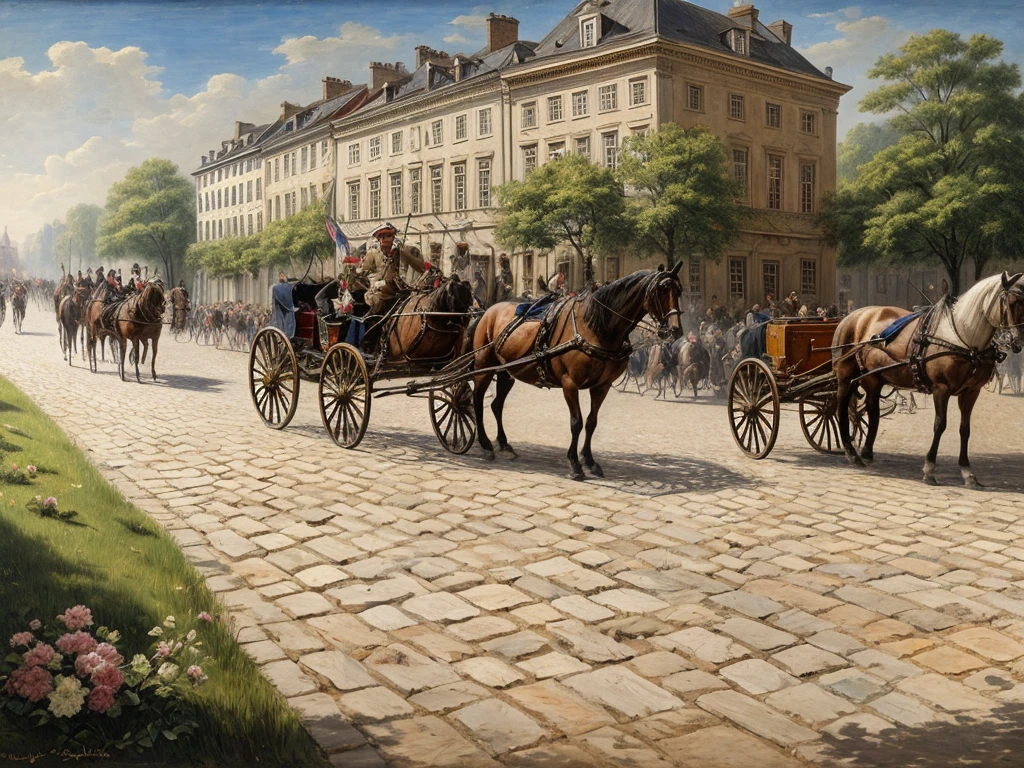 some citizens,realistic picture,early 19th century,in Europe street made stones,classical military man marching on the stone pavement,one horse-drawn carriage carry a coffin,carriage is colorful illumination
