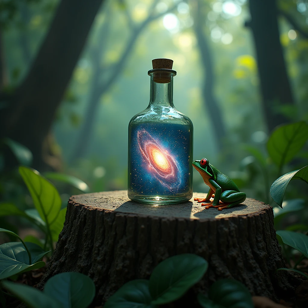 Close-up photo of a glass bottle with a galaxy inside on a large tree stump in the humid forest, next to it a green frog from the humid forest with the galaxy reflected in its eyes that watch attentively what happens inside the bottle, ((spectacular image from IA SeaArt Infinity))