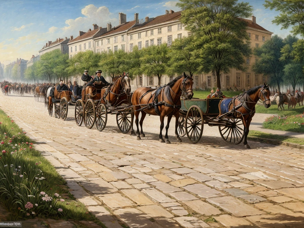 some citizens,realistic picture,early 19th century,in Europe street made stones,classical military man marching on the stone pavement,one horse-drawn carriage carry a coffin,carriage is colorful illumination