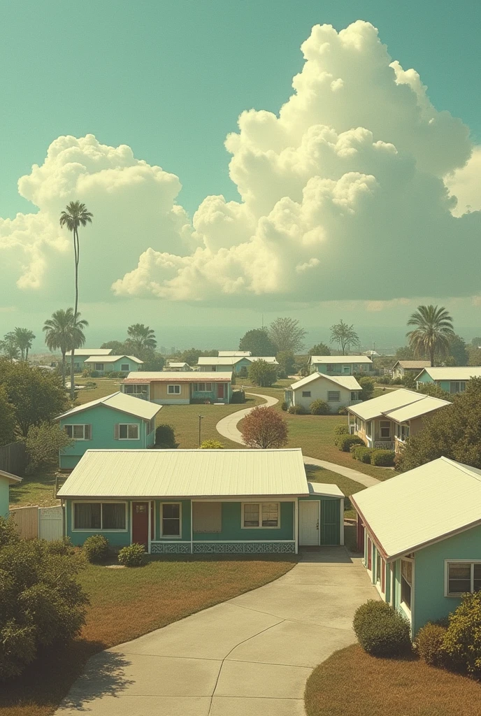 1960s houses, pastel colors, fake cotton clouds, surreal atmosphere, raw photo, slight film grain, aerial shot, shot using 1970s camera