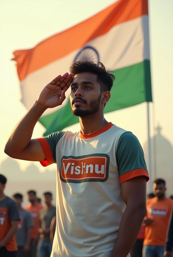 An adult boy saluting indian flag , but that boy is wearing a t-shirt jursey naming Vishnu