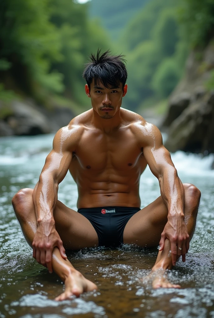 A 20-year-old Japanese gentleman muscular rugby player in wet  briefs sits with his legs spread wide open by a mountain stream。muscular thick 　very short hair　 Topless
