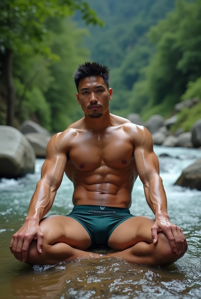 A 20-year-old Japanese gentleman muscular rugby player in wet briefs sits with his legs spread wide open by a mountain stream。muscular thick very short hair Topless