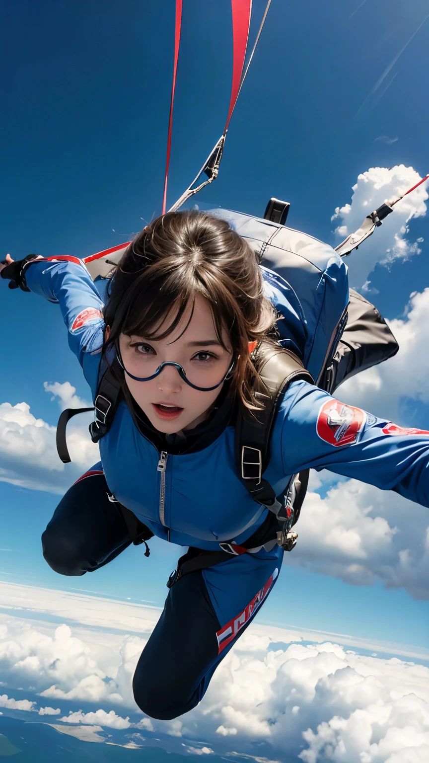 (masterpiece, 8k, ultra high definition: 1.3), (Giant :1.2), Skydiving, the sky above, parachute, goggles