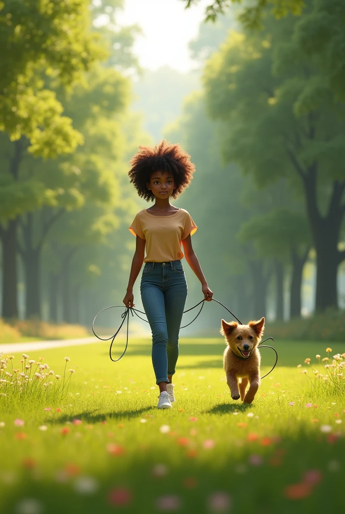 Brunette girl with short curly afro hair walking a dog and a wide background of a park behind her 