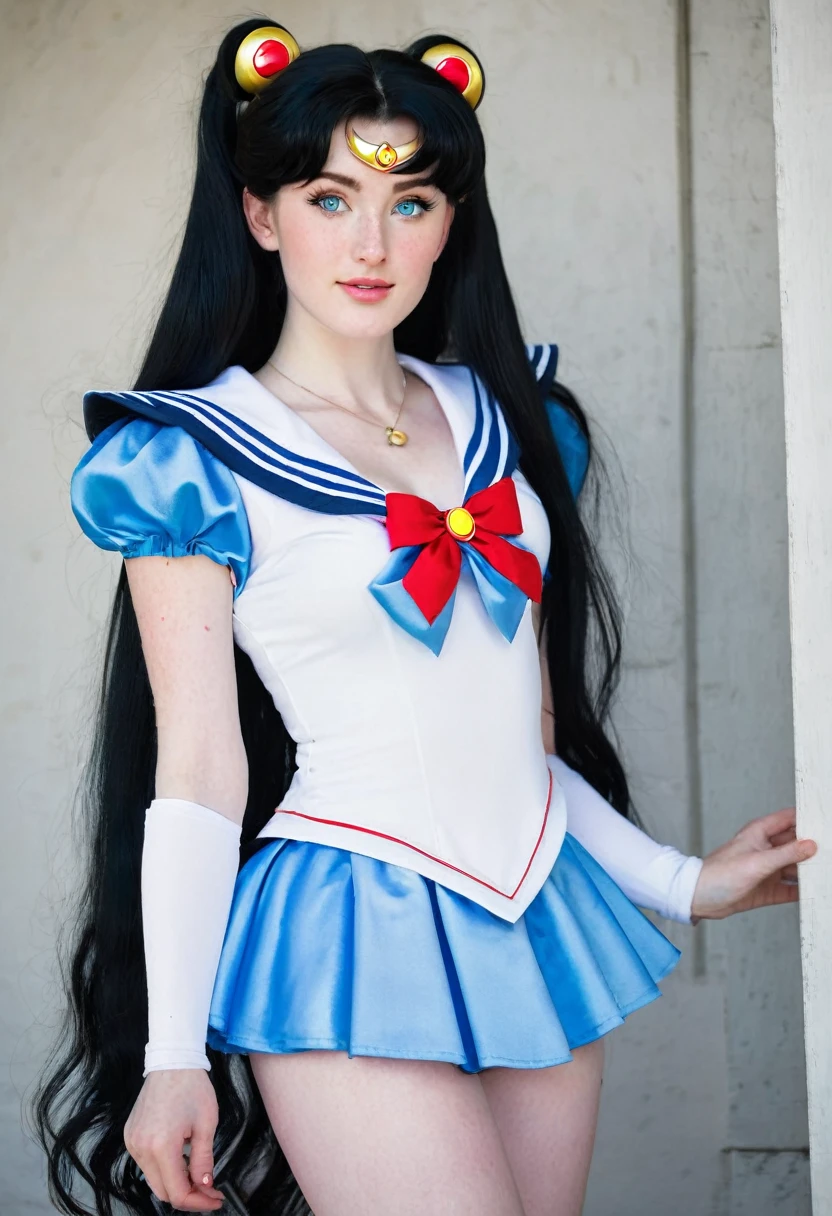 Caucasian woman 1.75 tall, light blue eyes, long black hair, pale skin and freckles, double E breasts, big butt. She is dressed as a sailor moon.