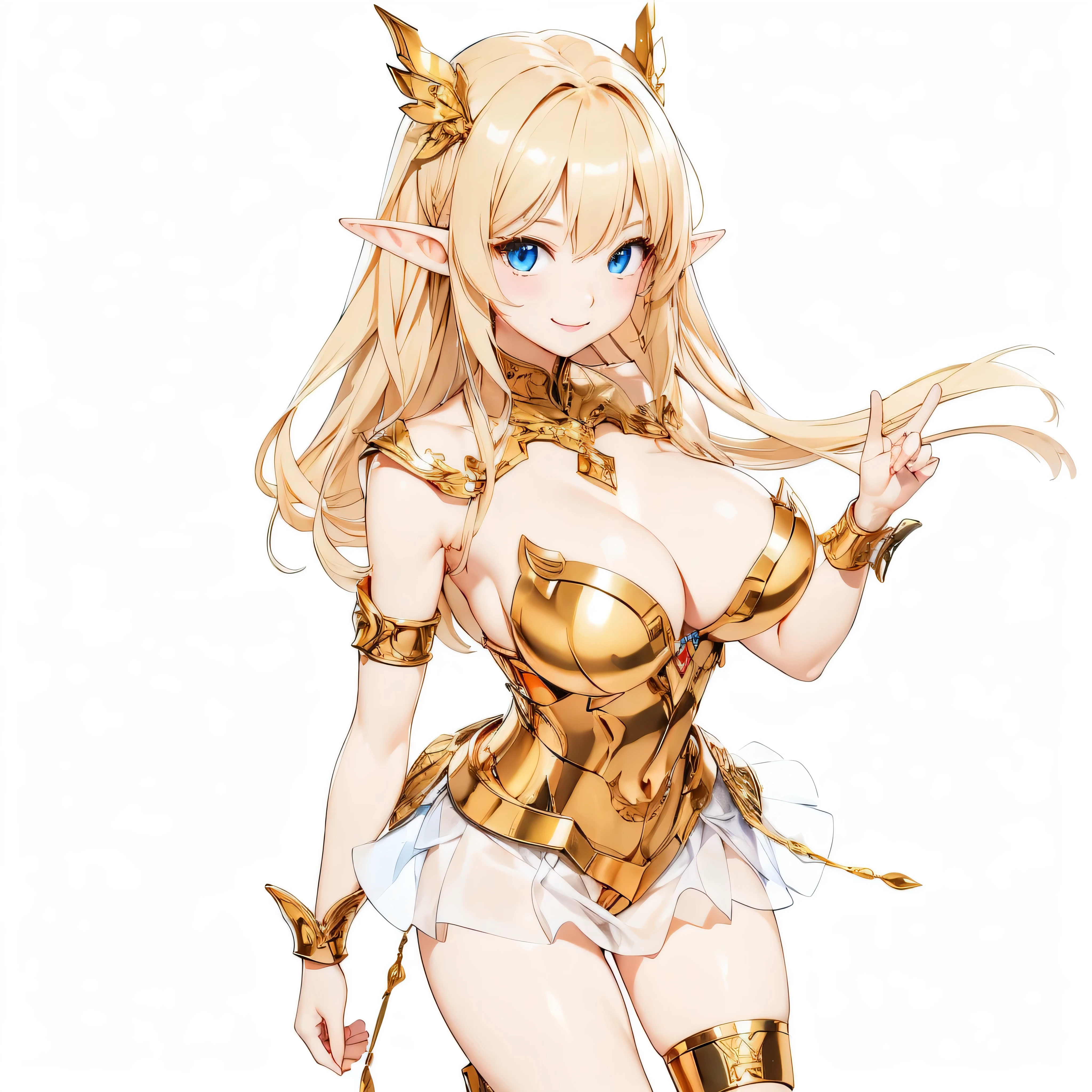 Highest quality、Very detailed、High resolution、１６ｋ、Thin contours、耳の長いElf、Nipples are visible、Shining golden armor、Gold bikini armor、Very large breasts、Very large breasts、Very transparent white skirt、Black pants、chest proportion、Smile of the Goddess、Very white skin、Beautiful fingers、Perfect Style、Elf、No bra、Blonde hair and blue eyes、Cool smile