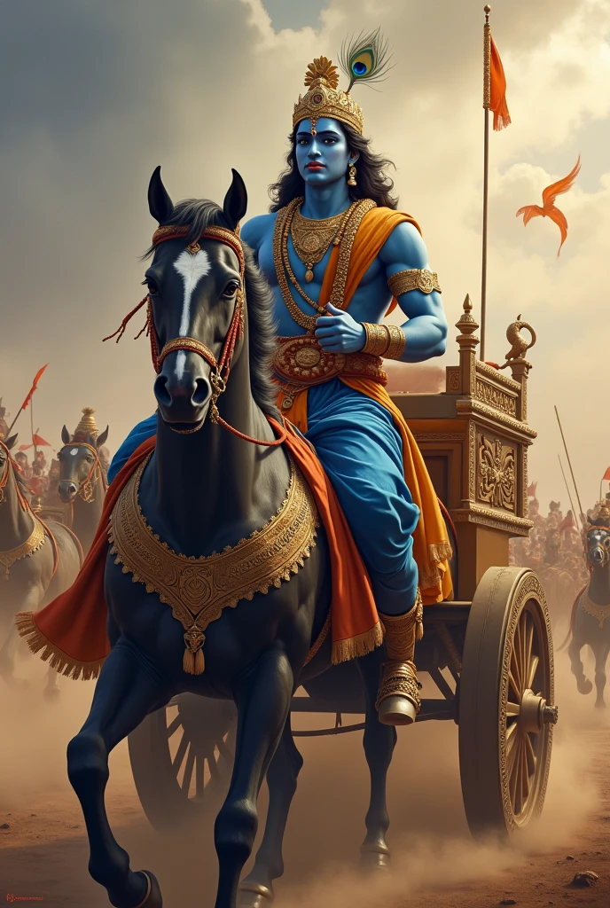 Imagine Lord Krishna seated on a chariot during the epic Kurukshetra War. The chariot is a majestic, intricately designed vehicle, drawn by powerful horses that seem to embody divine strength. Krishna, as the charioteer, occupies the driver's seat with a poised and commanding presence.
He is dressed in resplendent garments, often depicted in shades of deep blue or gold, with intricate patterns that highlight his divine status. A crown adorned with a single peacock feather rests upon his head, adding a touch of regal elegance. His serene expression contrasts sharply with the chaos of battle around him.
The battlefield is alive with the sounds of combat—warriors clashing, chariots racing, and dust swirling in the air. Despite the surrounding tumult, Krishna remains calm and focused, his gaze steady and his demeanor reflecting wisdom and divine purpose. His role as a guide and mentor to Arjuna is central, offering a tranquil beacon amidst the fierce and chaotic conflict.
