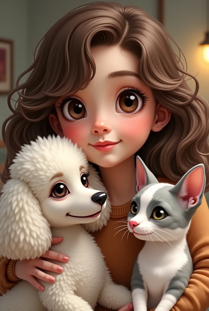 First put a 23 year old girl with brown wavy hair combed to one side, slightly broad forehead and large brown eyes, Medium mouth with the lower lip slightly larger than the upper lip, chubby with slightly pink cheeks and short neck, with a wide texture, a small mole on the left cheek; Second, put a white but flat poodle with ears that go from white to very light brown.; Third, put a light gray cat with white that goes from the eyes like a line and expands throughout the snout., with a pink nose and not so clear green eyes; Fourth, put a small, short-haired, white Chihuahua breed dog with only 1 eye with a brown circle around the eye