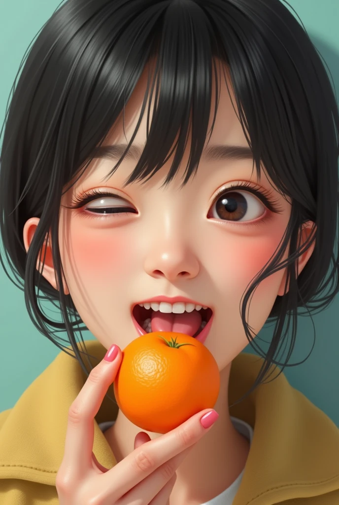 Slight cross-eyed A Japanese woman eating a mandarin orange with her mouth wide open and her tongue sticking out Oblique angle