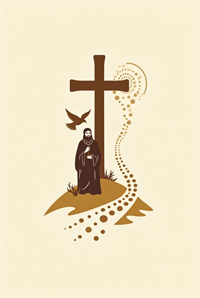 A logo with the following characteristics: A brown Franciscan cross from which a path made of dots emerges An image of St. Francis of Assisi and an animated dove in his hand A legend: With Saint Francis of Assisi let us walk together on the path of faith