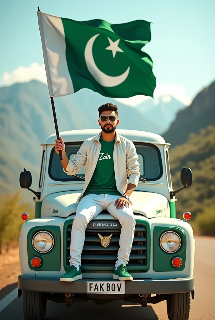 Create an Real image featuring a young man sitting on the hood of a white and green truck, with Pakistan's scenic background. He's holding a flag celebrating Pakistan's 14th August. The boy wears a green T-shirt with ' Zain ' by printed on it, white jacket, white pants, green shoes, and sunglasses."